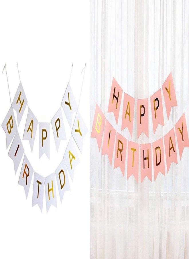 Skywalk Set of 2 Happy Birthday Banner Bunting Flag/Banner for Birthday Reception/Birthday Decoration Material (WHITE & PINK) - Image 1